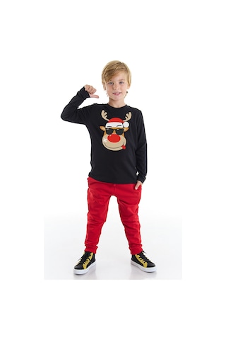 Denokids Yılbaşı Geyik Erkek Çocuk T-shirt Pantolon Takım Renkli Çok Renkli