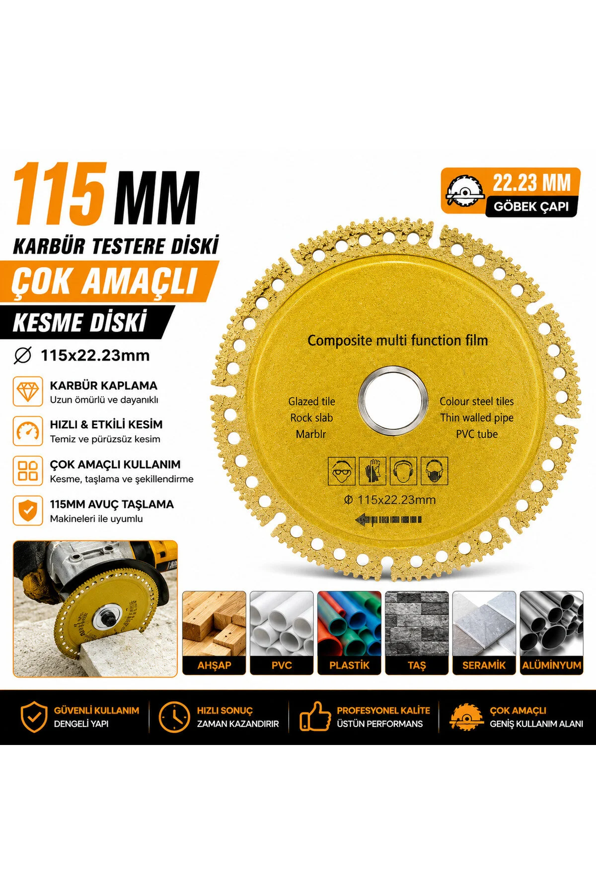 115 Mm Karbür Elmas Çok Amaçlı Senbang Kesme Diski 22.23 Mm Spiral Taşlama Makinesi Uyumlu Ahşap Pvc Plastik Seramik Mermer Taş Alüminyum