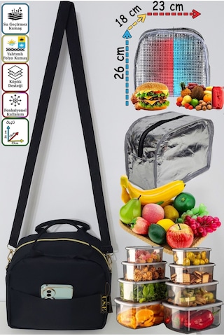 Sıcak, Soğuk Isı Yalıtımlı Termal Termoslu Yemek, Mama, Beslenme, Gıda Için Askılı Taşıma Çantası Bej - Siyah