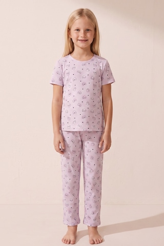 Siyah İnci Pamuklu Fitilli Kaşkorse Örme Pijama Takım 26120402 Lila Kedi