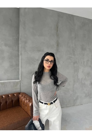 Defymoda Bisiklet Yaka Uzun Kollu Crop - Gri Gri