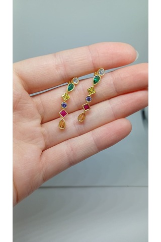 925 Ayar Gökkuşağı Renkli Taşlı Gümüş Küpe Zarif Ve Renkli Tasarım Gümüş