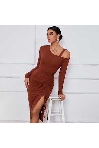 Hnxc Kadın Moda Yaz Bahar Düz Renk Baskı Uzun Kollu Yüksek Bel Günlük Elbiseler Kırmızı