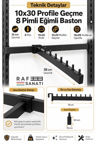 5 Adet - Eğik Baston - 10x30 Profile Geçme - Ab-1 Uyumlu Pimli Baston Askılık 35 Cm Mağaza Raf Askılık Aparatı Siyah