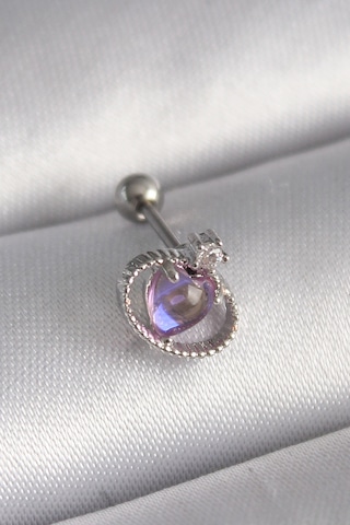 316l Çelik Gümüş Renk Mor Mineli Kalp Zirkon Taş Detay Tragus Pi Çok Renkli