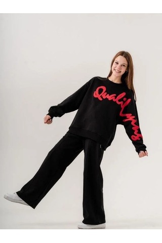 Kız Çocuk Quality Yazılı Pamuklu Sweatshirt-14780 Siyah
