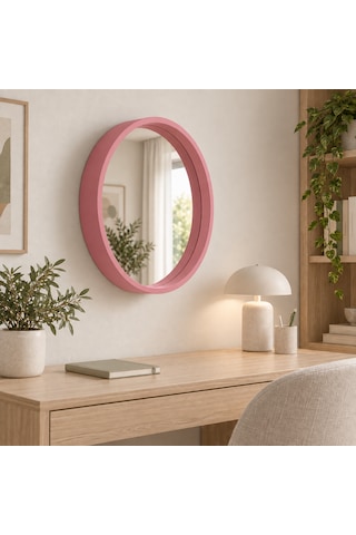 Dekoratif Duvar Aynası Yuvarlak Çerçeveli 70cm Pembe Şifonyer Ve Makyaj Masası Üstü