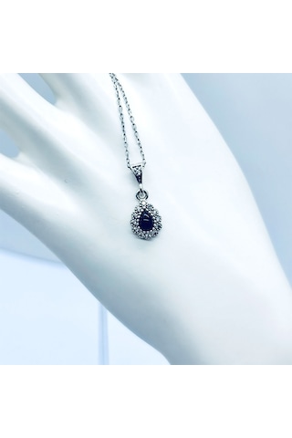 Damla Model Zirkon Ve Oltu Taşı İşçilikli 925 Ayar Gümüş Kolye Siyah