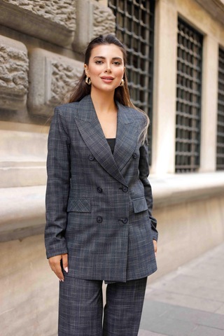 6 Düğmeli Kruvaze Ekose Takım Lacivert Lacivert