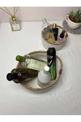 Beyaz Jüt 2li Yuvarlak Sepet Beyaz