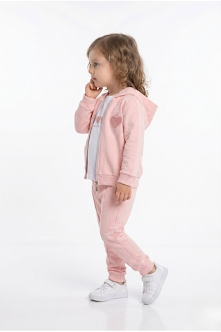 Toontoy Kids Toontoy Kız Çocuk 3'lü Eşofman Takımı Uzun Kollu Bisiklet Yaka Nakışlı T-shirt - Kapüşonlu Fermuarlı Hırka- Beli Paçası Lastikli Eşofman Altı 25041 Pudra