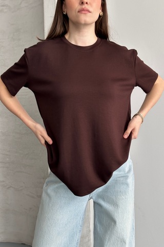Balenbi Kadın Modal Bisiklet Yaka Basic Yarım Kollu T-shirt 1211 Kahverengi