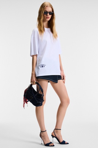 Ethıquet TAVENA Kadın %100 Pamuk Baskılı Oversize Fit Kısa Kollu Yuvarlak Yaka Beyaz T-Shirt