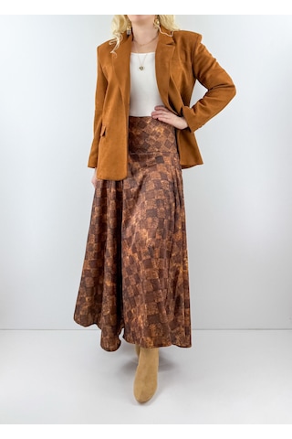Modaonna Kareli Saten Maxi Etek Kahverengi Modaonna Kareli Saten Maxi Etek Kahverengi