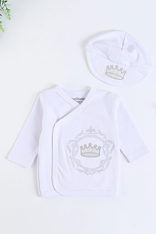 Nakış Desenli Müslin Erkek Bebek Hastane Çıkışı Bebek Kıyafetleri Yenidoğan Hastane Çıkış Seti 5 Li Beyaz