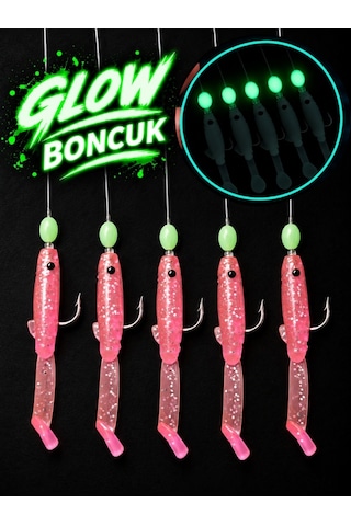 Ea genset Silikon Balıklı Çapari 5 Cm 2 Adet Silikon At Çek Takımı Uv Neon Simli Pembe Ve Fosforlu Glow Boncuklu