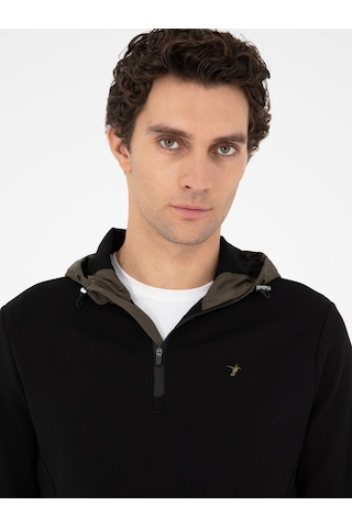 Siyah Regular Fit Pamuk Karışımlı Yarım Fermuarlı Kapüşonlu Sweatshirt