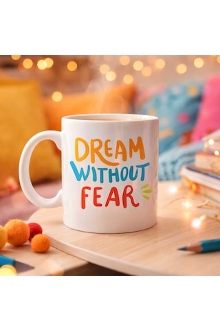 Dream Without Fear Yazılı Porselen Kupa Model 139 Motivasyon Temalı, Renkli Tasarım, Kahve & Çay Kupası He Düz Renkli