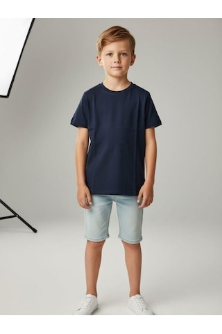 Zekids Çocuk Pamuklu Basic Yuvarlak Yaka T-shirt-16714 Lacivert