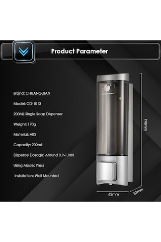 Geeroyoo "duvar Tipi Köpük Sabunluk - 200ml Şampuan, Duş Jeli Ve Sıvı Sabun Dispanseri" Gümüş