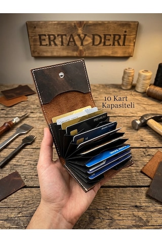 Ertay Deri % 100 Hakiki Deri El Yapımı Çok Bölmeli Cüzdan & Kartlık Koyu Kahve Viral Model Acı Kahverengi
