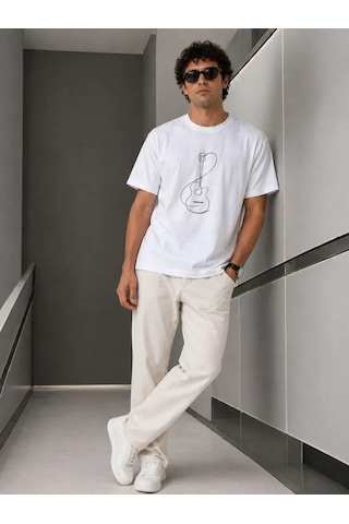 Efnaz Style Erkek Minimal Gitar Baskılı Tişört T-shirt Yazlık Kısa Kol Bisiklet Yaka T-shirt - Beyaz