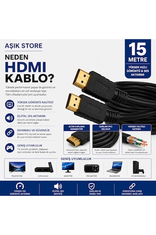 Hdmı Kablo 15 Metre Full Hd 1080p 4kx2k Yüksek Hızlı Görüntü Ve Ses Aktarım Kablosu Altın Kaplama Konnektör Pvc Dış Kılıf