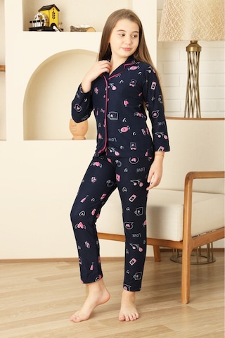 Kız Çocuk Pat Yakalı-baskılı Ve Düğme Kapamalı-%100 Pamuk Pijama Takımı 12352 Lacıvert