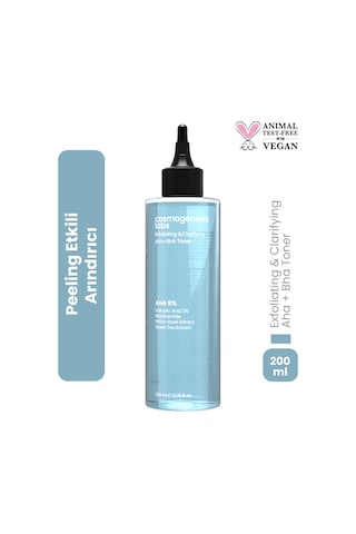 Cosmogenesis Labs AHA %5 BHA %2 Peeling Etkili Tonik 200 ml – Arındırıcı Gözenek Sıkılaştırıcı pH Dengeleyici Vegan