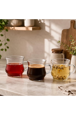 3 Lü Borosilikat Cam Kupa Seti, Kulplu Şeffaf Çay Kahve Latte Ve