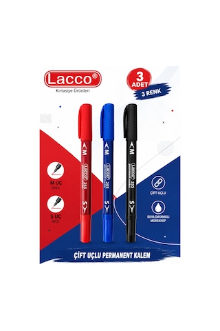 Lacco 255 Permanent Marker Kalem 3'lü Set Çift Uçlu M Ve S Uç Siyah Mavi Kırmızı Kalıcı İşaretleme Kalemi Çok Renkli