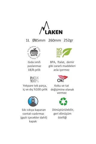 Laken Paslanmaz Çelik Basik Şişe 1 L. S/S Cap Black Lkbsh100Ne Std-Tek Renk
