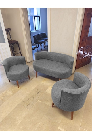 Azra Mobilya Sydney Çay Seti Koltuk Takımı Keten Kumaş 2+1+1 Ceviz Ayak Modern Salon & Ofis Takımı Açık Gri Açık Gri