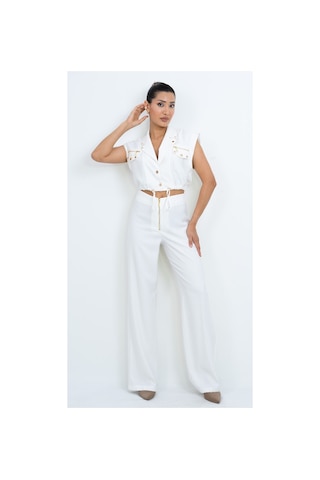 Dorne Moda Özel Seri Fermuar Ve Cep Detaylı Crop Yelek Bluz Ve Bol Paça Pantolon İkili Takım - Düğün - Mezuniyet - Ofis Şıklığı Beyaz Beyaz