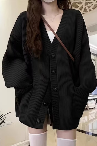 Kadın Oversize Cepli Düğmeli V Yaka Triko Hırka Siyah
