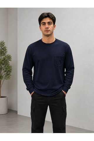Bisiklet Yaka Sweatshirt Uzun Kollu Kışlık 2 İplik Lacivert