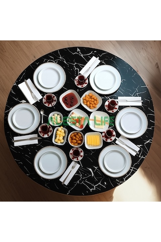 100 Cm Çap - Siyah Desenli Katlanabilir Yer Sofrası - Oyun Masası - 21 Cm Yükseklik Siyah Mermer Desenli