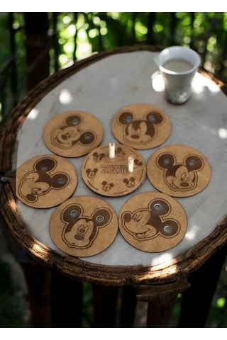 Ahşap Figürlü 6'lı Bardak Altlığı Dekoratif 3mm - Mickey Mouse Ahşap