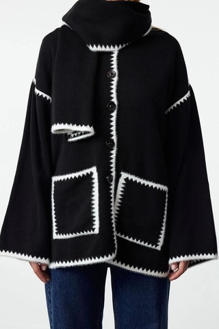 Ersefa Kadın Modern Tarz Oversize Bisiklet Yaka Midi Triko Hırka Siyah
