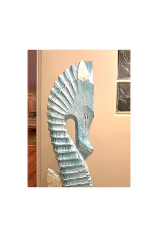 Ahşap Dekoratif Deniz Atı Turkuaz 100 Cm Büyük Otantik El Yapımı Biblo