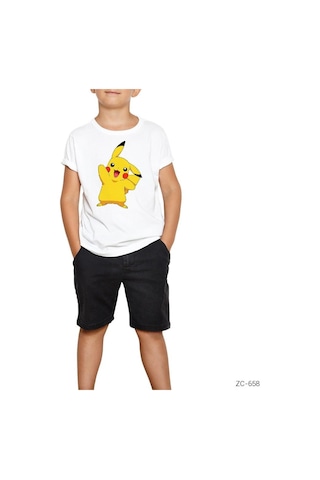 Pokemon Pikachu Beyaz Çocuk Tişört Siyah
