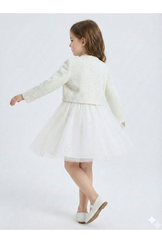 Xo Kids Çiçek Broşlu Krem Renk Prenses Model Kız Çocuk Ceketli Elbise 4-10 Yaş 4422 Ekru