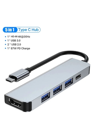 5in1 Type-c To Usb Hub 5 Port Çoklayıcı Usb 3.0/hdmı/type-c