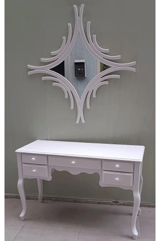 Dresuar Makyaj Masa 5 Çekmece Cnc Ayna Kayın Aslan Ayak Parlak Beyaz Lake El Yapımı Beyaz