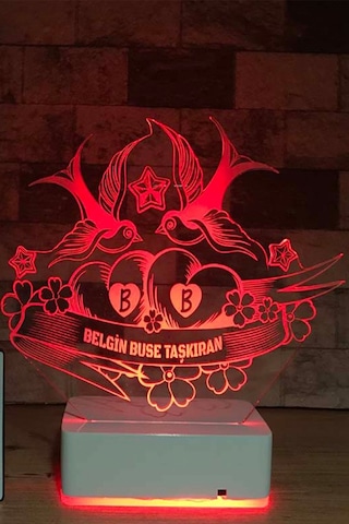 Sevgiliye Özel Sen & Ben Ve Kuşlar 3D Led Lamba