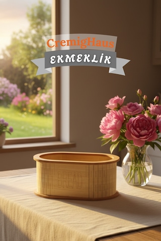 Geleneksel Tasarım Kapaklı Büyük Ekmeklik Oval Ahşap Ekmek Sepeti Akça Desenli Çok Renkli