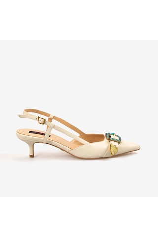Rouge Kadın Taşlı Toka Detaylı Slingback Sivri Burun 6cm Topuklu Ayakkabı 7124 Bej