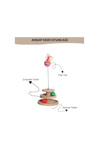 Ahşap - Kedi Oyuncağı - Çok Amaçlı Kullanım Çıngıraklı Ve Yaylı Top İçermektedir