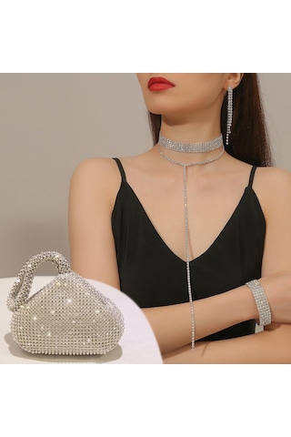 10 Adet Kadın Kristal Takı Seti Düğün Üçgen Bling Akşam Debriyaj Çanta Glitter Yapay Elmas Gerdanlık Kolye Ten Çok Renkli