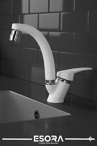 Beyaz Krom Mix Oynar Başlıklı Lavabo Bataryası Çift Su Grişli Çeşme Banyo Musluğu Mutfak Çeşmesi Beyaz - Krom